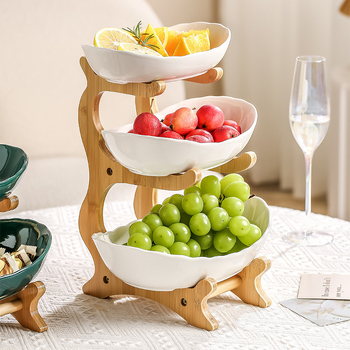 Bambuko daugiasluoksnė vaisių lėkštė, namų apyvokos kambario keraminė džiovintų vaisių lėkštė, 2024 m. nauja kūrybinga dvisluoksnė užkandžių lėkštė