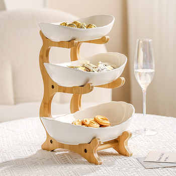 Bambuko daugiasluoksnė vaisių lėkštė, namų apyvokos kambario keraminė džiovintų vaisių lėkštė, 2024 m. nauja kūrybinga dvisluoksnė užkandžių lėkštė