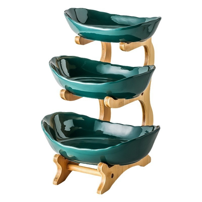 Bambuko daugiasluoksnė vaisių lėkštė, namų apyvokos kambario keraminė džiovintų vaisių lėkštė, 2024 m. nauja kūrybinga dvisluoksnė užkandžių lėkštė