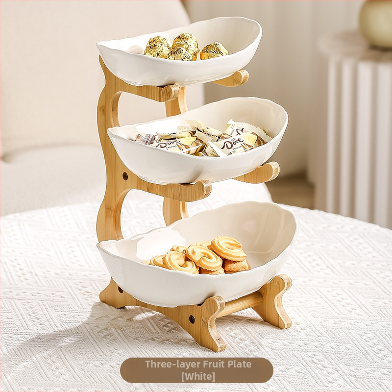Bambuko daugiasluoksnė vaisių lėkštė, namų apyvokos kambario keraminė džiovintų vaisių lėkštė, 2024 m. nauja kūrybinga dvisluoksnė užkandžių lėkštė