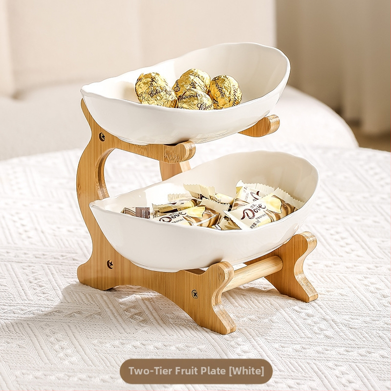 Bambuko daugiasluoksnė vaisių lėkštė, namų apyvokos kambario keraminė džiovintų vaisių lėkštė, 2024 m. nauja kūrybinga dvisluoksnė užkandžių lėkštė