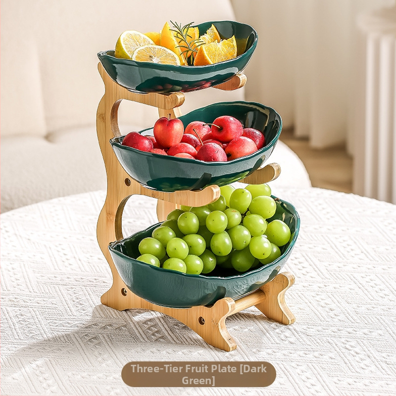 Bambuko daugiasluoksnė vaisių lėkštė, namų apyvokos kambario keraminė džiovintų vaisių lėkštė, 2024 m. nauja kūrybinga dvisluoksnė užkandžių lėkštė