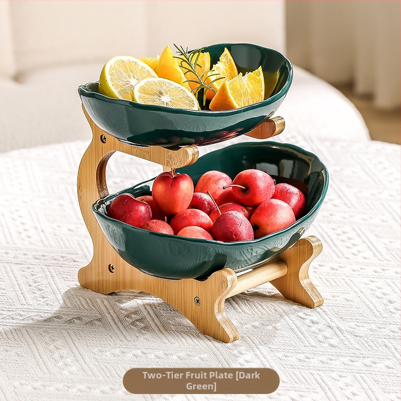 Bambuko daugiasluoksnė vaisių lėkštė, namų apyvokos kambario keraminė džiovintų vaisių lėkštė, 2024 m. nauja kūrybinga dvisluoksnė užkandžių lėkštė