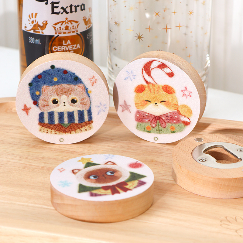 Kūrybingas kalėdinis katės gyvūno medžio masyvo butelių atidarytuvas alaus butelių atidarytuvas magnetinis šaldytuvo lipdukas daugiafunkcis