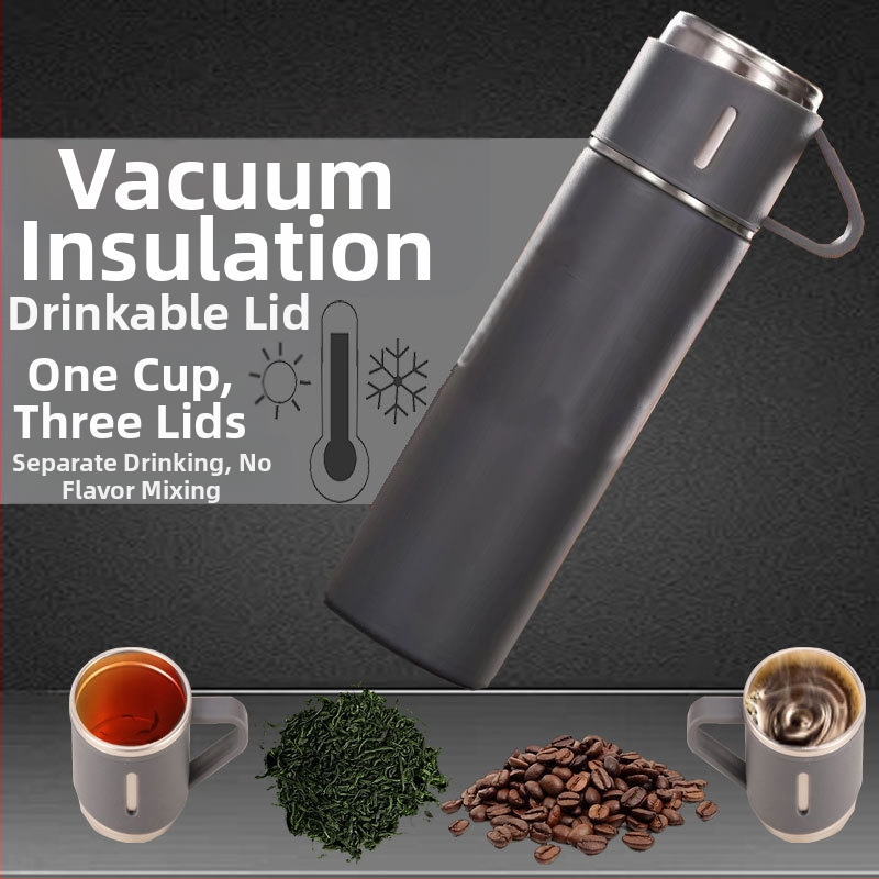 Нова термос от неръждаема стомана 304, чаша за чай с една чаша и три капака, бизнес подаръчна кутия, подходяща за чаша за вода на открито, подарък за дейности