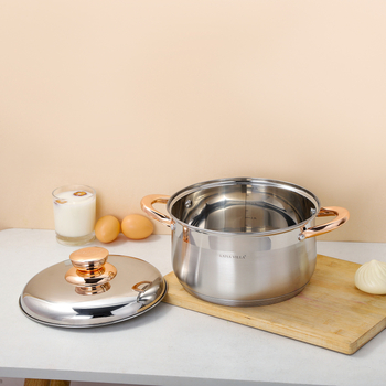 Toidukvaliteediga 201 roostevabast terasest pottide komplekt paksendatud 5-kihilise põhjaga, topeltkäepidemega supipott, hautisepott terasest kaanega Kv-1086, hulgimüük tootjalt