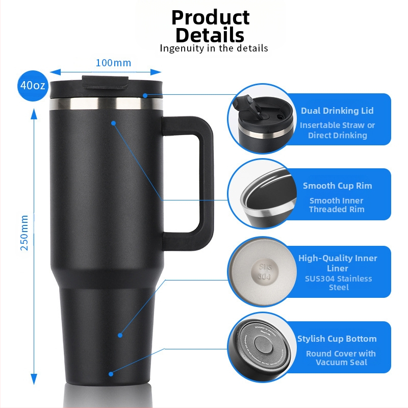 Трансгранична чаша за лед от 40 унции, термос от неръждаема стомана 304 с голям капацитет, изолация за кола, кафе, на едро