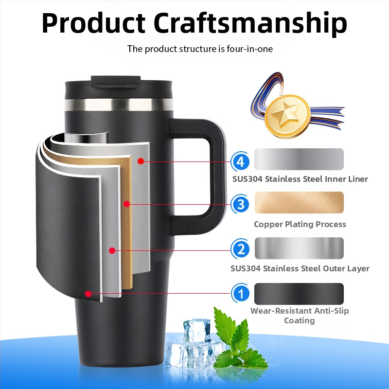 Трансгранична чаша за лед от 40 унции, термос от неръждаема стомана 304 с голям капацитет, изолация за кола, кафе, на едро
