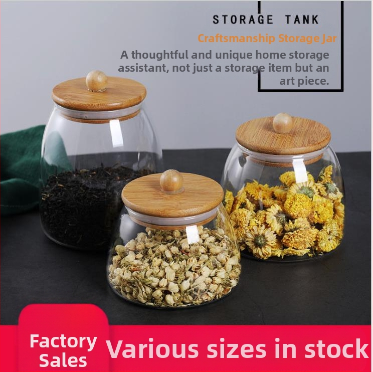 Търговия на едро прозрачен запечатан буркан стъклен буркан бамбуков капак буркан за зърна буркан за чай буркан за съхранение бонбони Буркан за съхранение Кухня