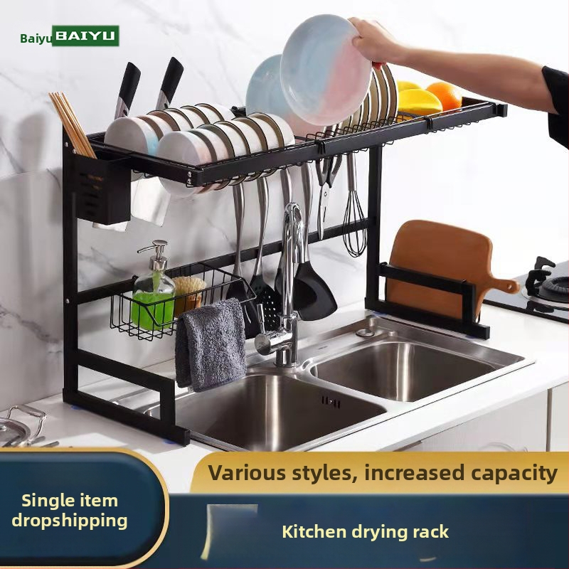 Roostevabast terasest köögikraanikauss, must valamu äravooluriiul, nugade ja taldrikute riiul, kausi hoiuriiul, valamukauss, nõude riiul, tööpinna hoiuriiul