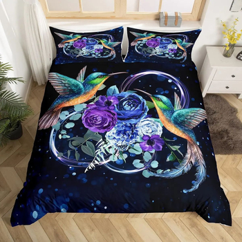 Kolibrio rašto antklodės užvalkalas, trijų dalių, paukščių rašto, gėlių rašto, užsienio prekybos antklodės užvalkalas, pilno dydžio