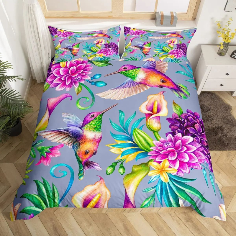 Kolibrio rašto antklodės užvalkalas, trijų dalių, paukščių rašto, gėlių rašto, užsienio prekybos antklodės užvalkalas, pilno dydžio