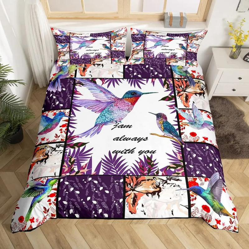 Kolibrio rašto antklodės užvalkalas, trijų dalių, paukščių rašto, gėlių rašto, užsienio prekybos antklodės užvalkalas, pilno dydžio