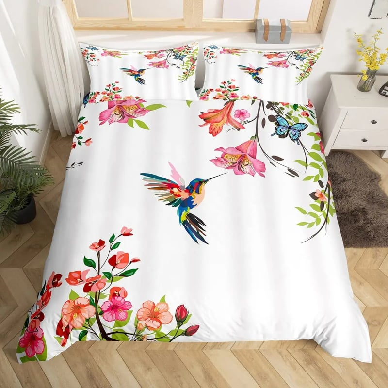 Kolibrio rašto antklodės užvalkalas, trijų dalių, paukščių rašto, gėlių rašto, užsienio prekybos antklodės užvalkalas, pilno dydžio