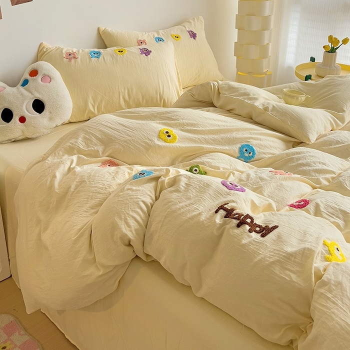 Комплект от четири части за супер мека памучна кърпа с бродерия от клас А, едноцветен памучен калъф за завивка, комплект от три части за студентски общежития