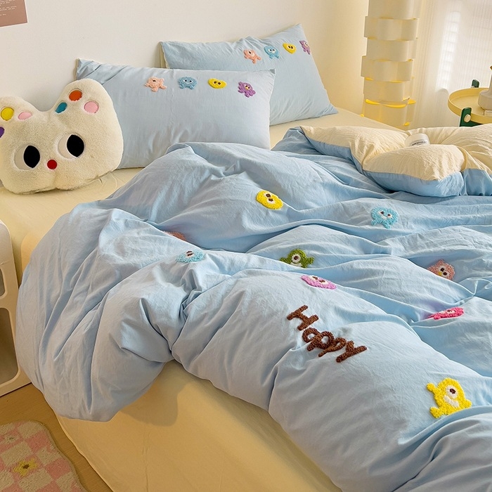 Комплект от четири части за супер мека памучна кърпа с бродерия от клас А, едноцветен памучен калъф за завивка, комплект от три части за студентски общежития