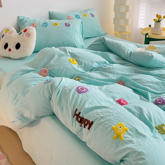 Комплект от четири части за супер мека памучна кърпа с бродерия от клас А, едноцветен памучен калъф за завивка, комплект от три части за студентски общежития