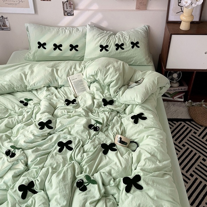 Комплект от четири части за супер мека памучна кърпа с бродерия от клас А, едноцветен памучен калъф за завивка, комплект от три части за студентски общежития