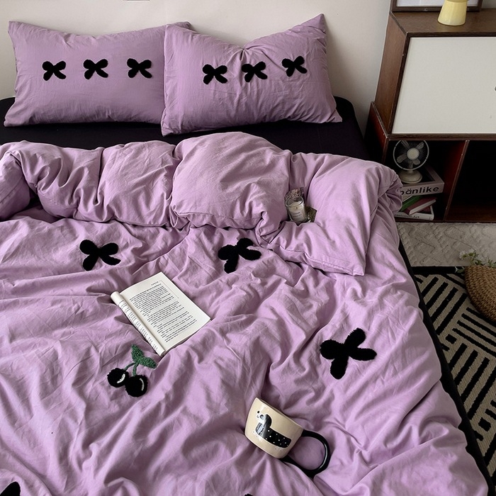 Комплект от четири части за супер мека памучна кърпа с бродерия от клас А, едноцветен памучен калъф за завивка, комплект от три части за студентски общежития