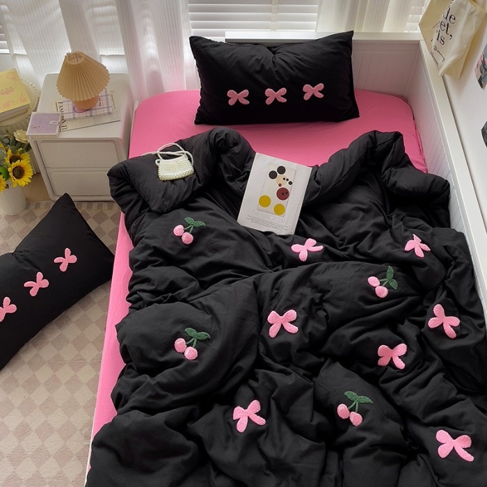 Комплект от четири части за супер мека памучна кърпа с бродерия от клас А, едноцветен памучен калъф за завивка, комплект от три части за студентски общежития