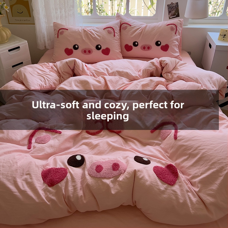 Комплект от четири части за супер мека памучна кърпа с бродерия от клас А, едноцветен памучен калъф за завивка, комплект от три части за студентски общежития