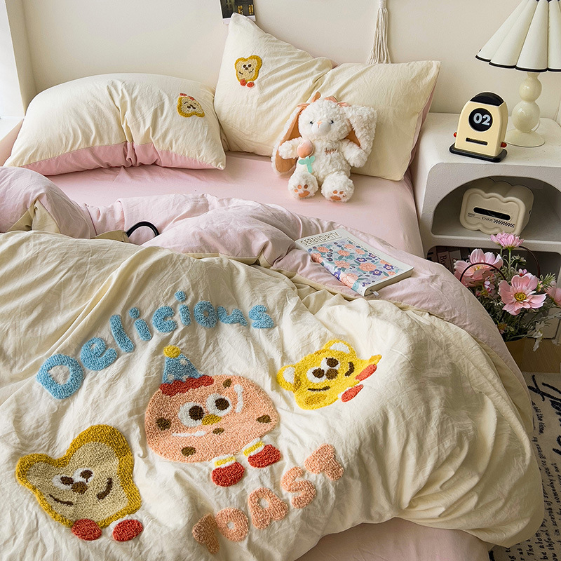 Комплект от четири части за супер мека памучна кърпа с бродерия от клас А, едноцветен памучен калъф за завивка, комплект от три части за студентски общежития