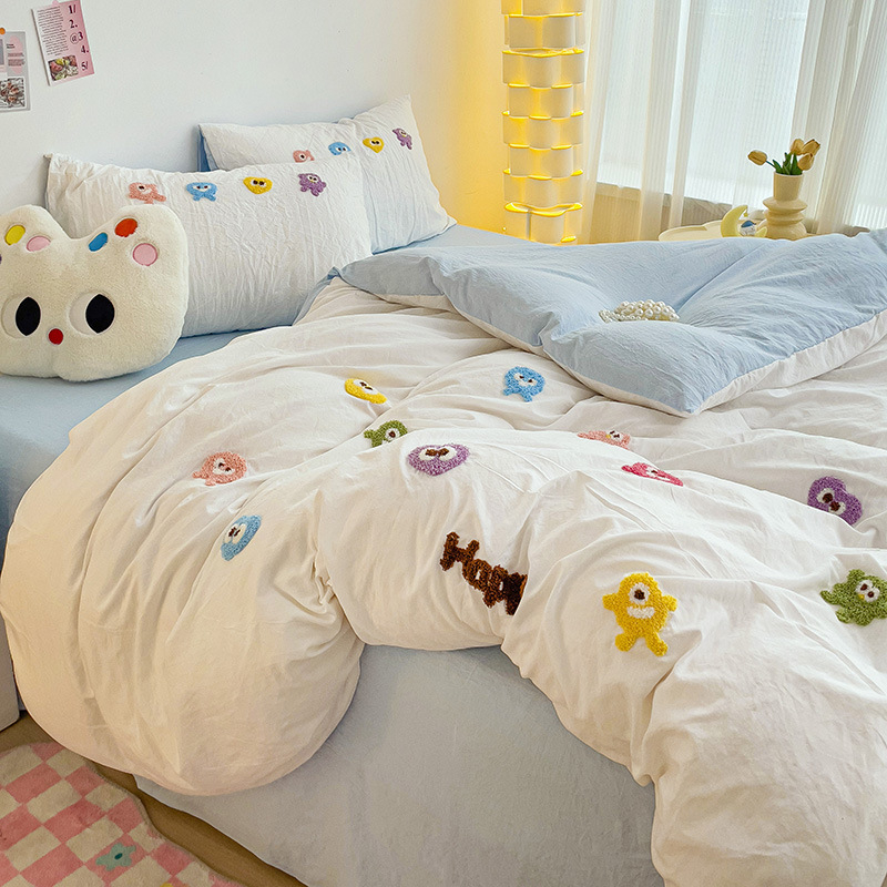 Комплект от четири части за супер мека памучна кърпа с бродерия от клас А, едноцветен памучен калъф за завивка, комплект от три части за студентски общежития