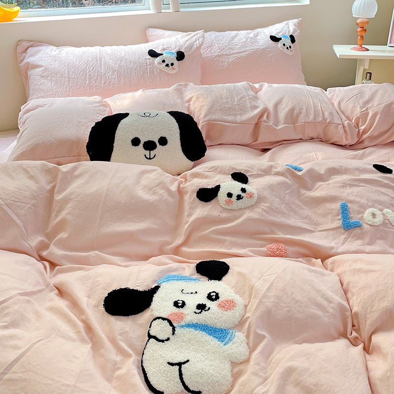 Комплект от четири части за супер мека памучна кърпа с бродерия от клас А, едноцветен памучен калъф за завивка, комплект от три части за студентски общежития