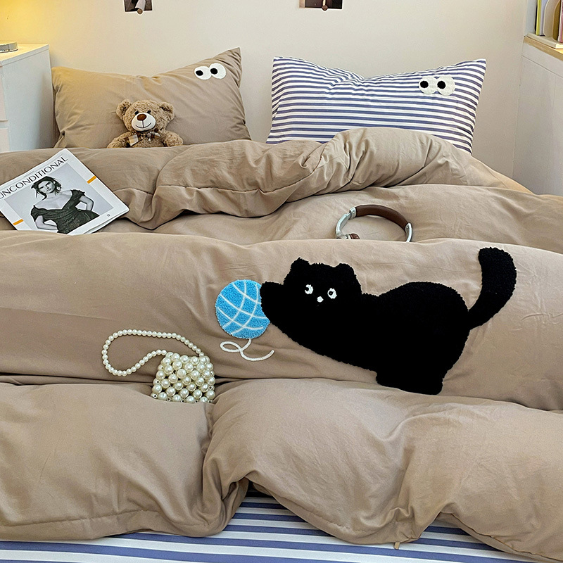 Комплект от четири части за супер мека памучна кърпа с бродерия от клас А, едноцветен памучен калъф за завивка, комплект от три части за студентски общежития