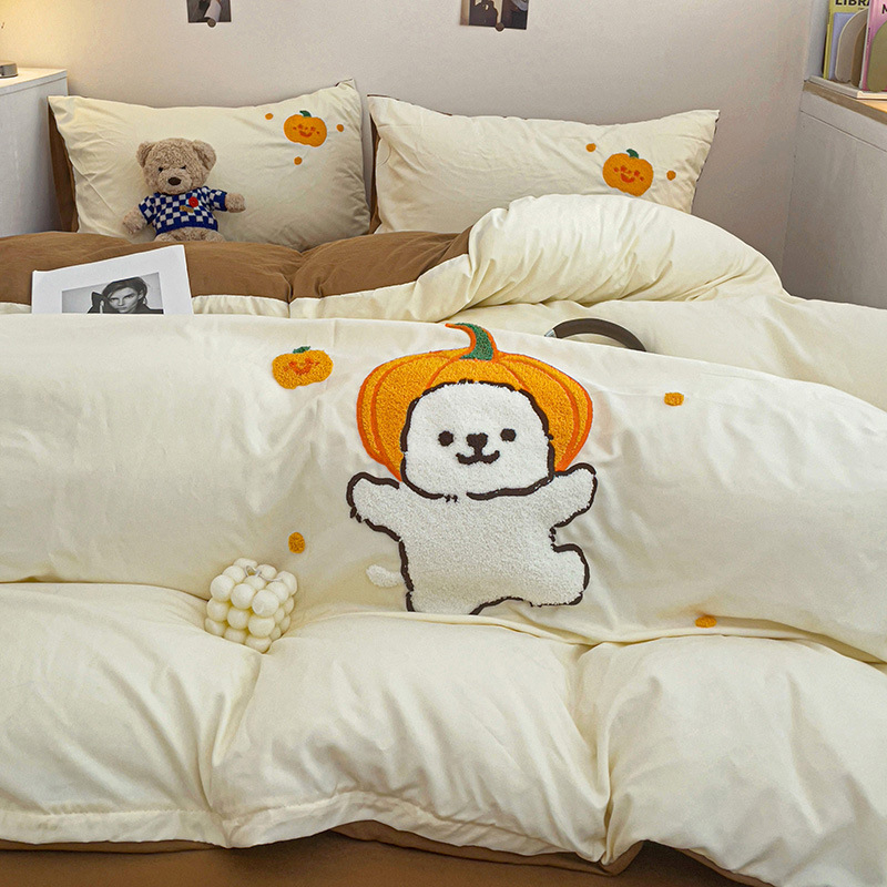 Комплект от четири части за супер мека памучна кърпа с бродерия от клас А, едноцветен памучен калъф за завивка, комплект от три части за студентски общежития