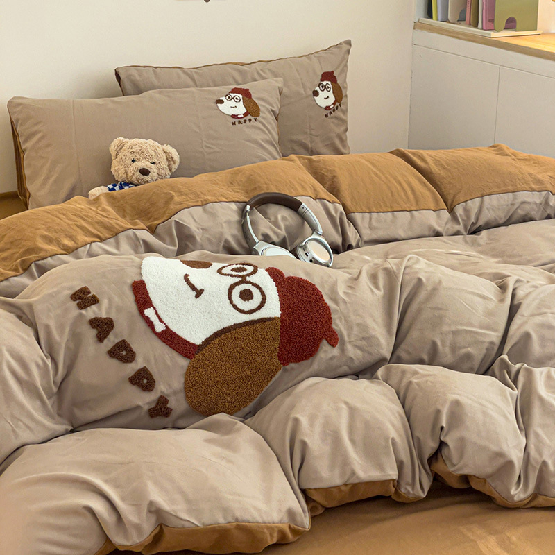 Комплект от четири части за супер мека памучна кърпа с бродерия от клас А, едноцветен памучен калъф за завивка, комплект от три части за студентски общежития