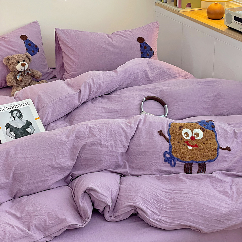 Комплект от четири части за супер мека памучна кърпа с бродерия от клас А, едноцветен памучен калъф за завивка, комплект от три части за студентски общежития