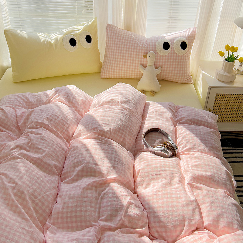 Комплект от четири части за супер мека памучна кърпа с бродерия от клас А, едноцветен памучен калъф за завивка, комплект от три части за студентски общежития