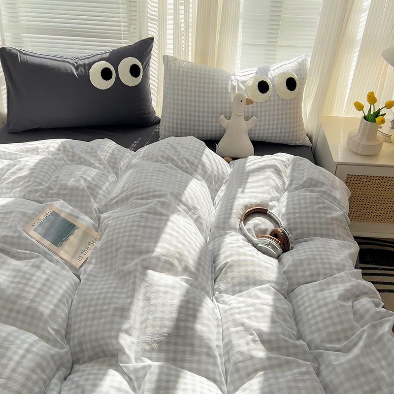 Комплект от четири части за супер мека памучна кърпа с бродерия от клас А, едноцветен памучен калъф за завивка, комплект от три части за студентски общежития