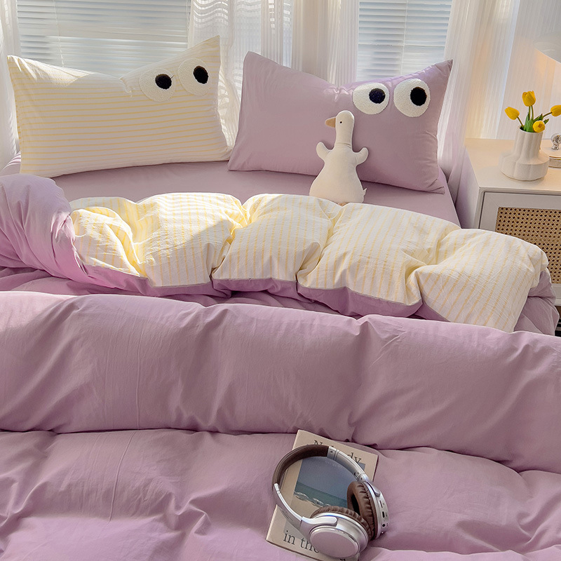 Комплект от четири части за супер мека памучна кърпа с бродерия от клас А, едноцветен памучен калъф за завивка, комплект от три части за студентски общежития