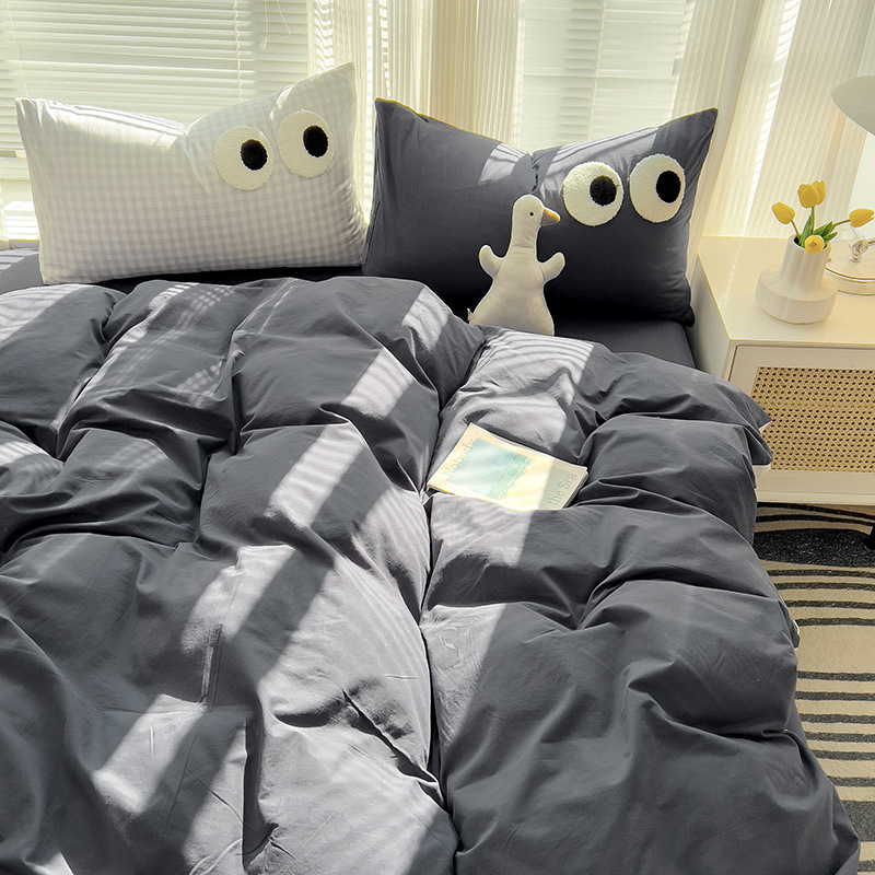 Комплект от четири части за супер мека памучна кърпа с бродерия от клас А, едноцветен памучен калъф за завивка, комплект от три части за студентски общежития