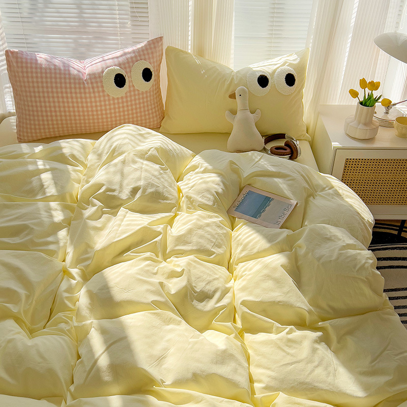 Комплект от четири части за супер мека памучна кърпа с бродерия от клас А, едноцветен памучен калъф за завивка, комплект от три части за студентски общежития