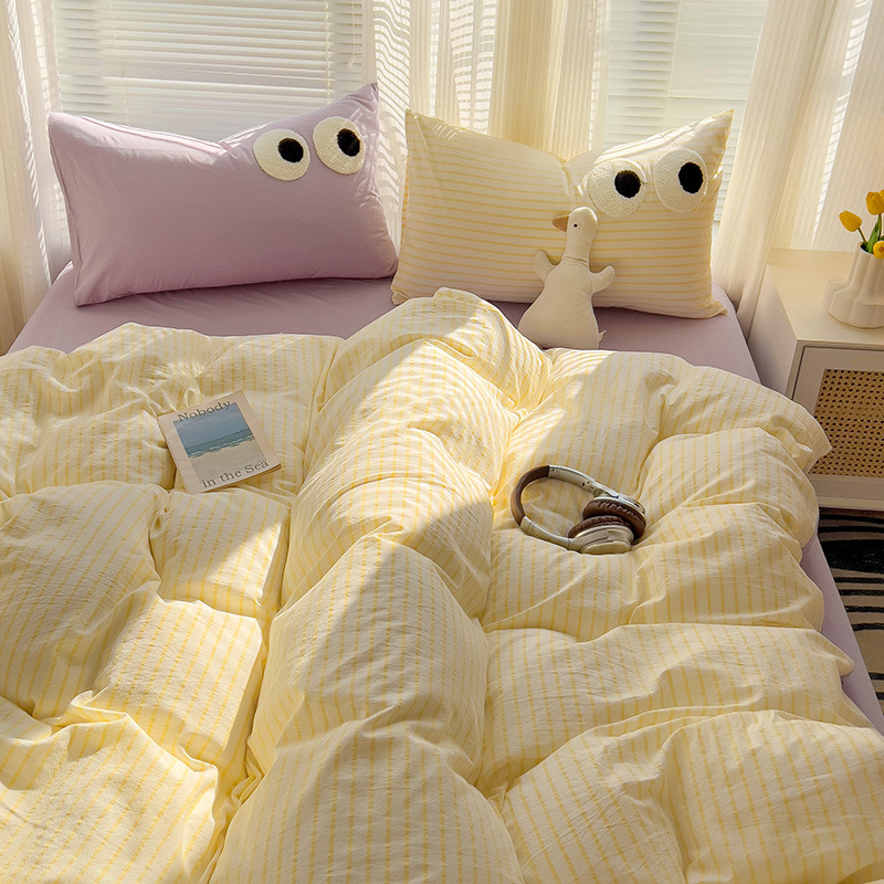 Комплект от четири части за супер мека памучна кърпа с бродерия от клас А, едноцветен памучен калъф за завивка, комплект от три части за студентски общежития