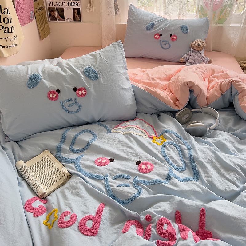 Комплект от четири части за супер мека памучна кърпа с бродерия от клас А, едноцветен памучен калъф за завивка, комплект от три части за студентски общежития