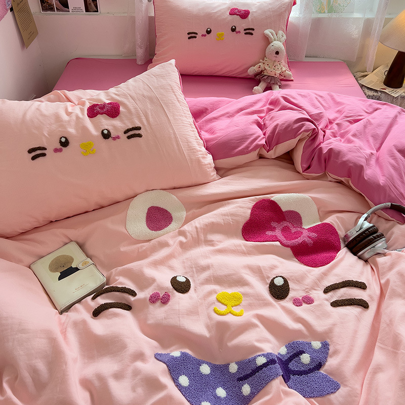 Комплект от четири части за супер мека памучна кърпа с бродерия от клас А, едноцветен памучен калъф за завивка, комплект от три части за студентски общежития