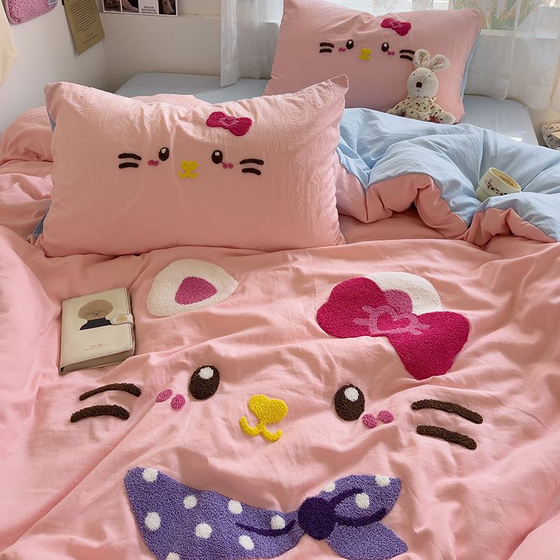 Комплект от четири части за супер мека памучна кърпа с бродерия от клас А, едноцветен памучен калъф за завивка, комплект от три части за студентски общежития