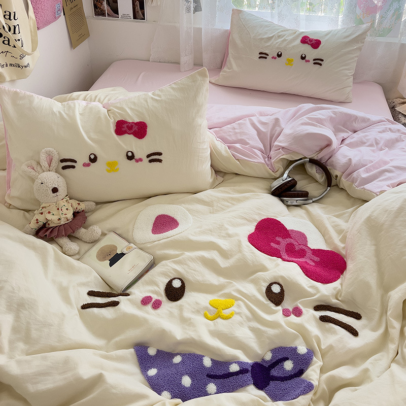 Комплект от четири части за супер мека памучна кърпа с бродерия от клас А, едноцветен памучен калъф за завивка, комплект от три части за студентски общежития