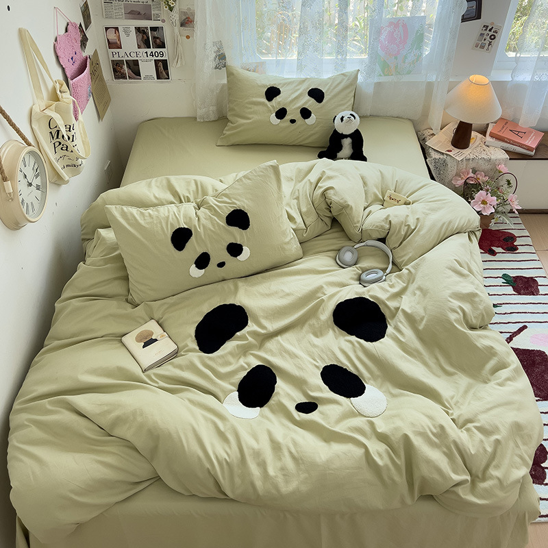 Комплект от четири части за супер мека памучна кърпа с бродерия от клас А, едноцветен памучен калъф за завивка, комплект от три части за студентски общежития