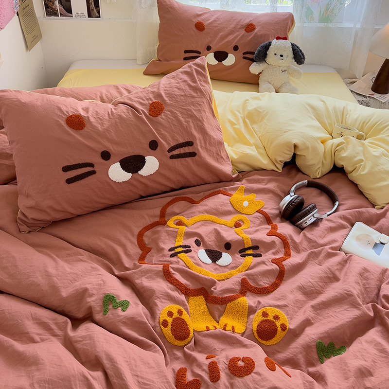 Комплект от четири части за супер мека памучна кърпа с бродерия от клас А, едноцветен памучен калъф за завивка, комплект от три части за студентски общежития