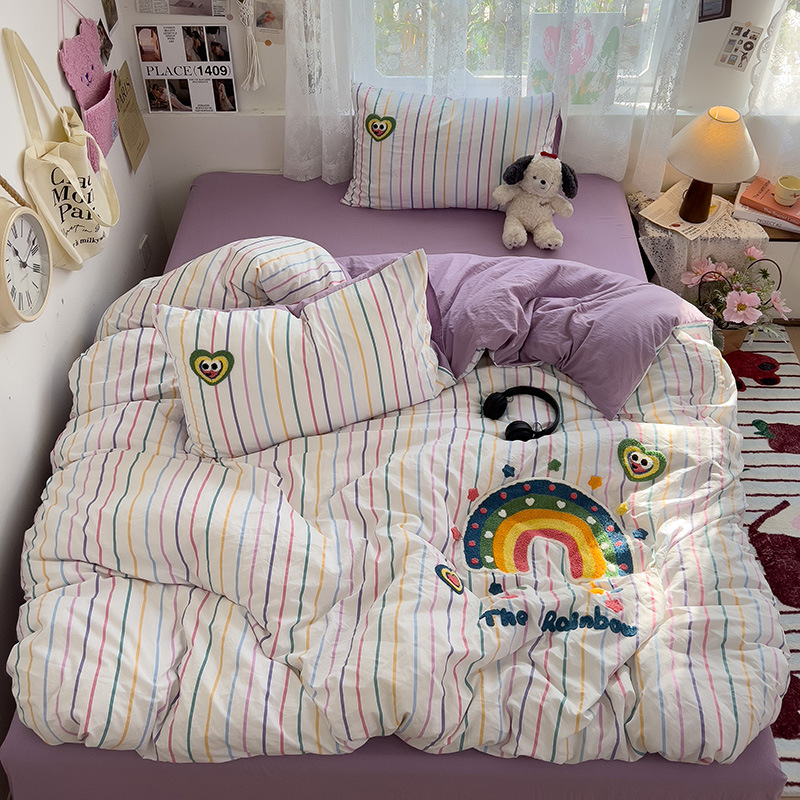 Комплект от четири части за супер мека памучна кърпа с бродерия от клас А, едноцветен памучен калъф за завивка, комплект от три части за студентски общежития