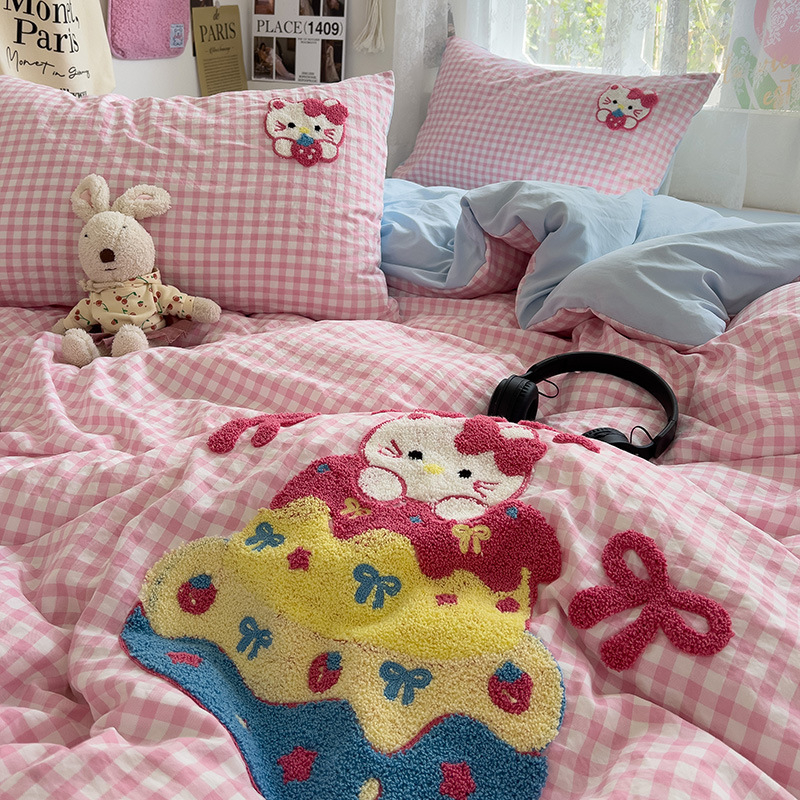 Комплект от четири части за супер мека памучна кърпа с бродерия от клас А, едноцветен памучен калъф за завивка, комплект от три части за студентски общежития