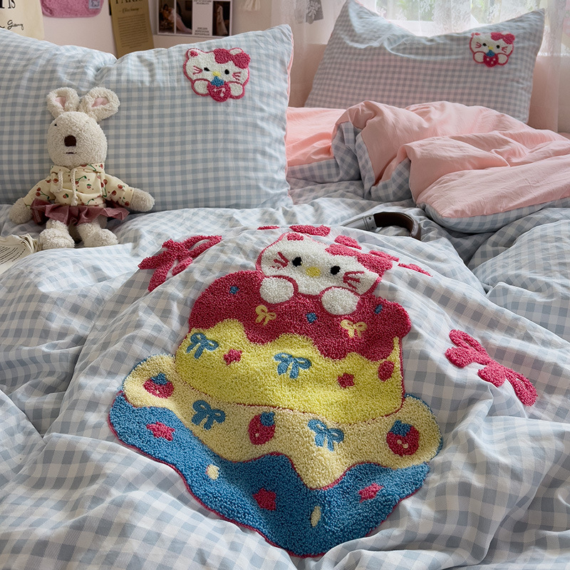 Комплект от четири части за супер мека памучна кърпа с бродерия от клас А, едноцветен памучен калъф за завивка, комплект от три части за студентски общежития