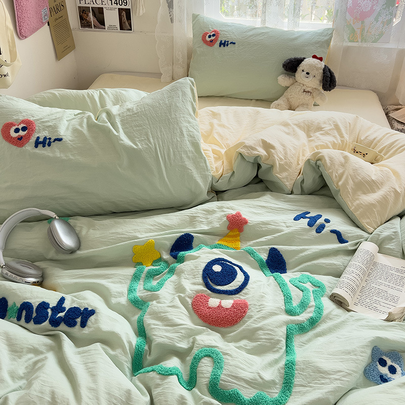 Комплект от четири части за супер мека памучна кърпа с бродерия от клас А, едноцветен памучен калъф за завивка, комплект от три части за студентски общежития