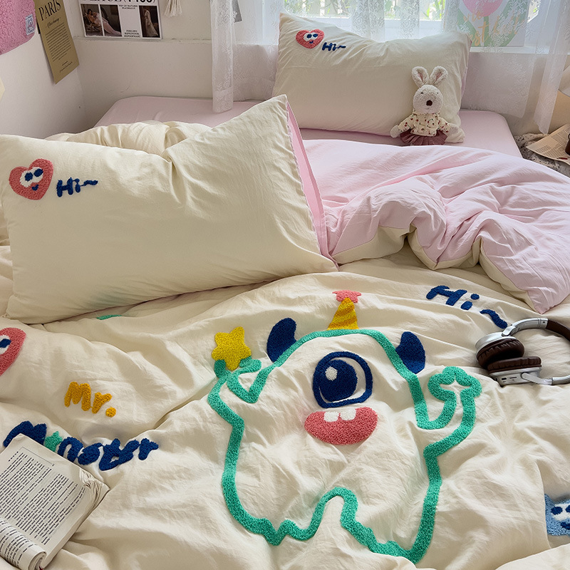 Комплект от четири части за супер мека памучна кърпа с бродерия от клас А, едноцветен памучен калъф за завивка, комплект от три части за студентски общежития