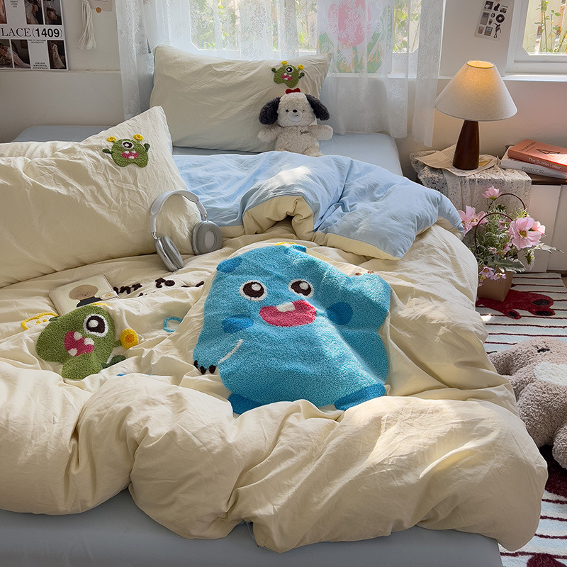 Комплект от четири части за супер мека памучна кърпа с бродерия от клас А, едноцветен памучен калъф за завивка, комплект от три части за студентски общежития